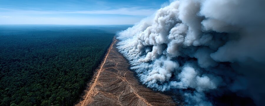 Massive clouds of smoke rise from a forest fire, sharply dividing untouched jungle from burned land.
