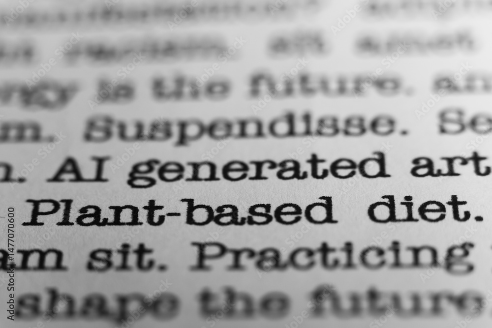 Fototapete plant based diet. text printed on a page. a piece of paper with a phrase written in retro typewriter