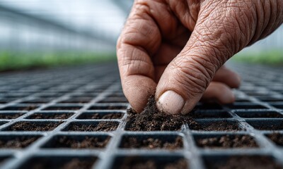A hand gently plants seeds in soil trays, preparing for new growth in a greenhouse environment.