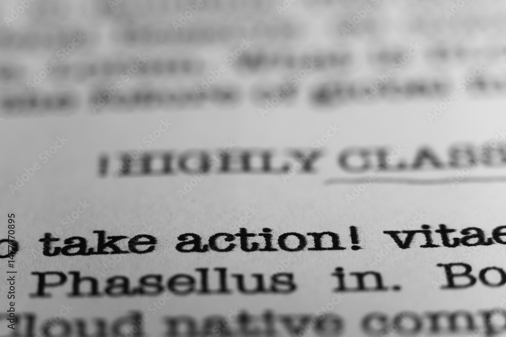 Fototapete take action. text printed on a page. a piece of paper with a phrase written in retro typewriter font