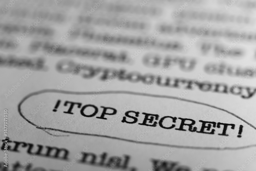 Fototapete top secret. text printed on a page. a piece of paper with a phrase written in retro typewriter font.