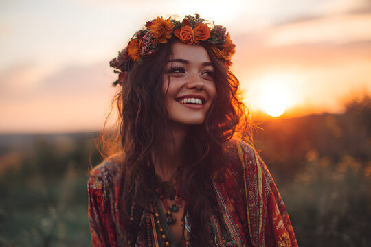 Naklejki Boho Woman with Flower Crown Smiling