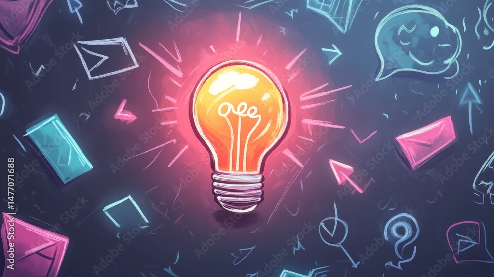Poster a light bulb icon drawn on a chalkboard, surrounded by arrows and symbols representing a flow of new