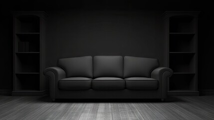 Empty dark room with a black leather couch and shelves.