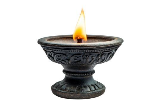Intricate Dark Clay Oil Lamp . Transparent background PNG