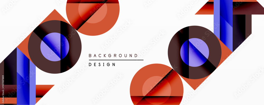 Poster Abstract geometric pattern. Overlapping circles, squares create dynamic composition. Red, blue, brown hues dominate minimalist design. Modern aesthetic.