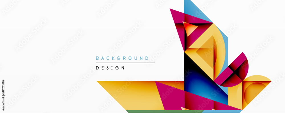Poster Abstract geometric composition. Bright colorful shapes overlap creating dynamic visual effect. Modern design element for backgrounds, presentations, branding. Minimalist style.