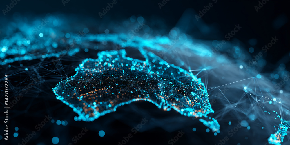 Aufkleber abstract image of australia depicted as glowing network nodes and connecting lines, symbolizing glob