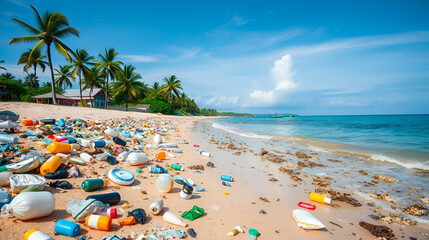 Plastic garbage pollutes a tropical beach, highlighting environmental damage.