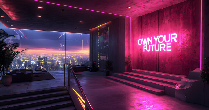 Futuristic interior. Stairs lead toward glowing wall displaying OWN YOUR FUTURE. Data streams cover surface. Large windows reveal cityscape. Cool tones dominate scene.