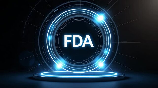 FDA Approved Concept ,Futuristic logo design with blue illumination and circular patterns, showcasing technology and innovation