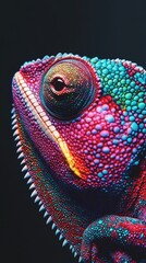 Obraz premium Close Up of Colorful Chameleon Head on Dark Background Macro Exotic Pet Reptile Eye Detail Bright Colors