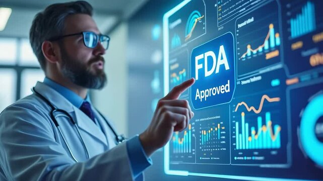 FDA Approved Concept ,Medical professional analyzing FDA approval data with innovative graphs and charts in healthcare analytics.