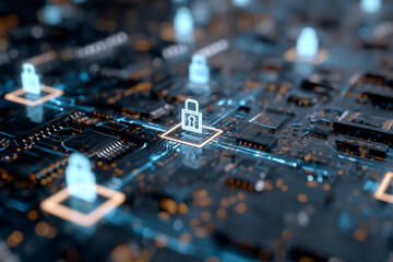 Close-up of circuit board with glowing padlock icons, symbolizing digital security and data protection, ideal for tech or cybersecurity concepts