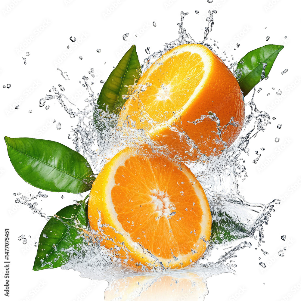Poster two halves of an orange with green leaves and water splashing around them on a transparent backgroun