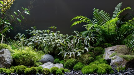 Lush moss carpet with ferns and rocks in a vibrant miniature natural landscape.