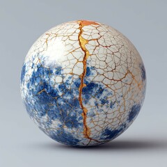 Cracked ceramic object with contrasting fill, marbled blue background, natural lighting, showcasing texture - AI-Generated