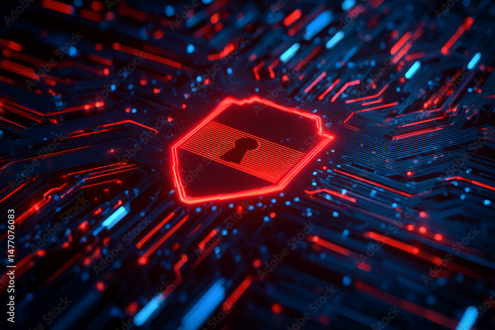 Poster abstract image of glowing red shield with keyhole on circuit board, symbolizing digital security and