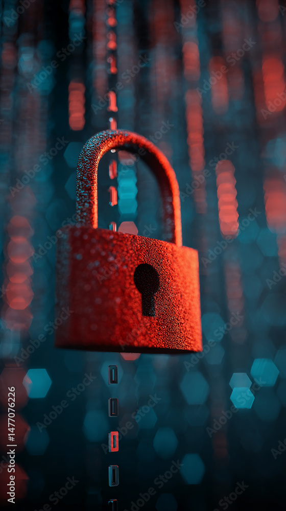 Poster red padlock hanging on a chain of binary code against a blurred background of hexagons, symbolizing 
