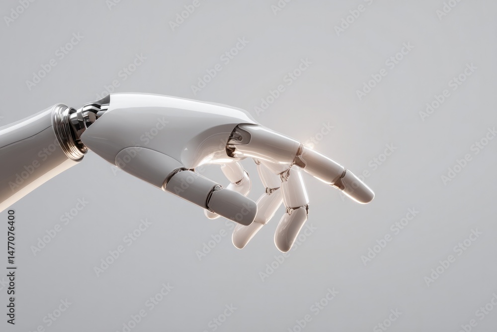 Poster sleek minimalistic robot hand reaching towards human hand in gesture of connection with ample copy s