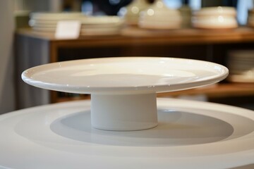 Round white porcelain cake stand on display in a home goods store