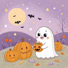 A cute ghost with a pumpkin, standing among candies and interacting with the pumpkins, creating a playful Halloween atmosphere.