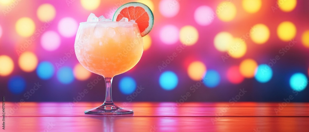 Aufkleber refreshing grapefruit cocktail with ice cubes on bar top with bokeh lights background close up