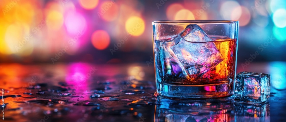 Aufkleber whiskey drink with ice cube in glass on bar top with colorful bokeh lights in the background close u
