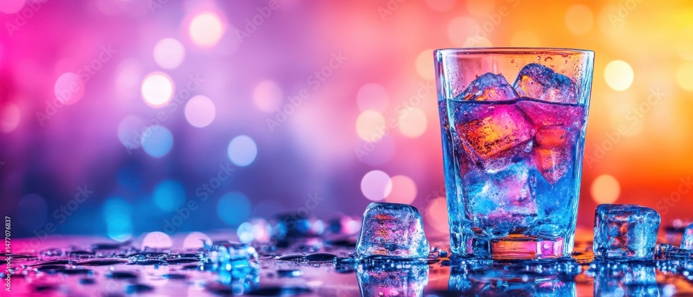 Aufkleber glass of refreshing drink with ice cubes on reflective surface in studio setting with bokeh backgrou