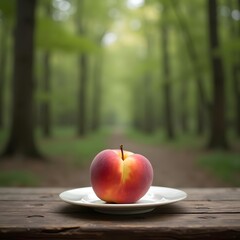 Serene Forest Setting: A Juicy Peach on a Rustic Plate