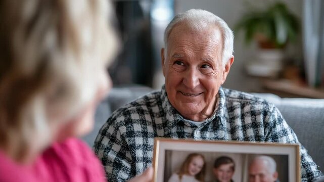 An elderly man reminiscing while looking at a family photo with a thoughtful expression.