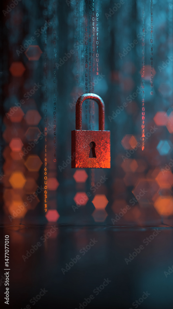 Poster red padlock in front of a blurred background with falling code, symbolizing digital security and dat