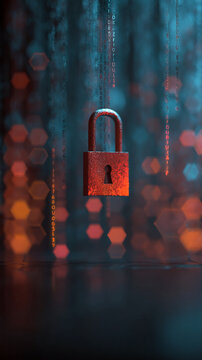Red padlock in front of a blurred background with falling code, symbolizing digital security and data protection