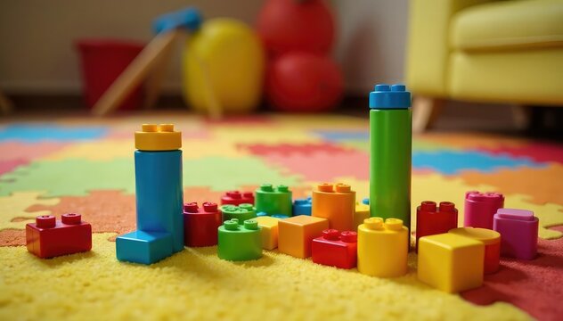 Brightly colored building blocks scattered on a colorful rug, showcasing a daycare's creative play area , early learning, colorful rug
