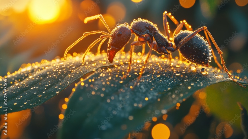 Poster a macro shot of an ant biting into a leaf, with tiny droplets of dew on the leaf and sunlight creati
