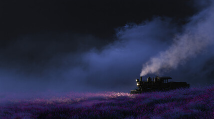 Steampunk train in a lavender field - whimsical journey art.