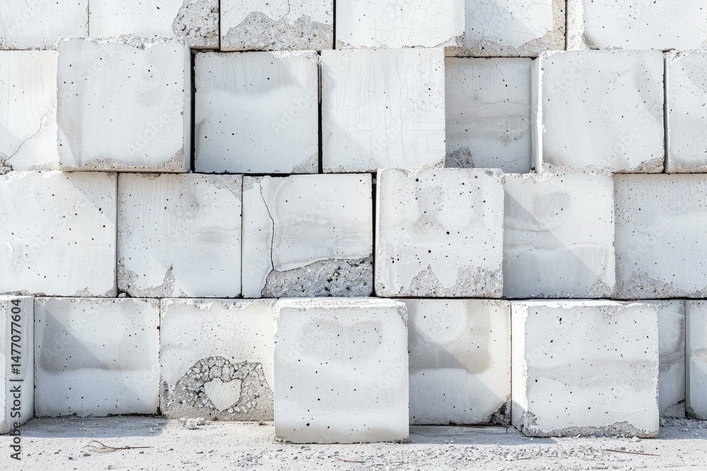 Poster white concrete blocks stacked to form a wall, showcasing their texture and arrangement in a construc