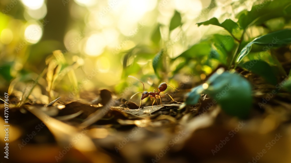 Poster a macro shot of a tiny ant nibbling on a leaf under sunlight, with a blurred forest floor in the bac