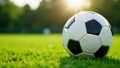 Close-up of a soccer ball on a grassy field, ready for a game , competition, goal, pentagon