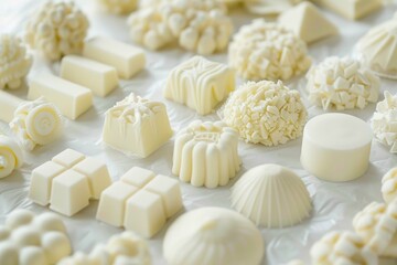 Delicious white chocolate candies in various shapes and textures are displayed, creating a tempting arrangement for chocolate lovers