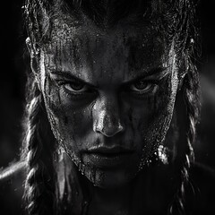 A fierce woman with braids, drenched in water, displaying intense emotion in a dramatic black and white portrait.