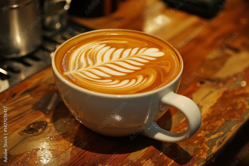 Aufkleber freshly brewed latte with delicate foam art design sits invitingly on a rustic wooden table in a coz