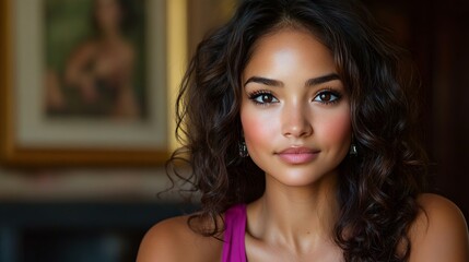 Fototapeta premium Portrait of a beautiful woman with curly hair and natural makeup, set against an elegant background, exuding confidence and charm.