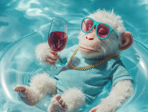 A whimsical image of a seated monkey in a blue inflatable ring, wearing sunglasses and a bandana, relaxing by a cool blue outdoor pool - AI-Generated