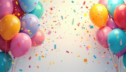 Colorful balloons and confetti burst against a bright background , joy, burst, design element