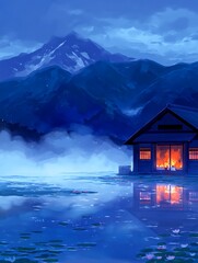 Fototapeta premium Serene Lakeside Cabin at Dusk with Mountain Views. A peaceful illustration of a cozy cabin nestled by a tranquil lake, reflecting the warm glow of a fireplace against a majestic mountain backdrop.
