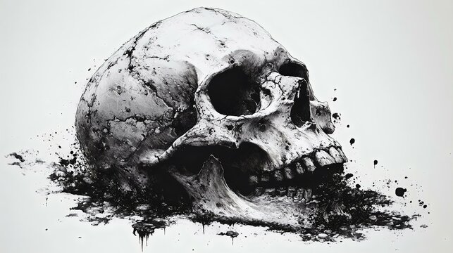 Artistic black and white illustration of a skull with splatters, symbolizing mortality and life. Perfect for themed design and decoration.