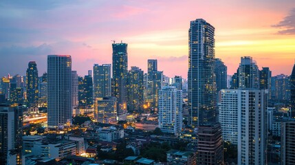 Obraz premium A City Skyline Illuminated Under a Colorful Evening Sky