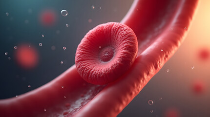 Close-up of a red blood cell flowing through a blood vessel, showcasing intricate textures and vibrant colors.