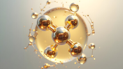 A stunning 3D rendering of a molecular structure, showcasing shiny golden spheres interconnected by delicate strands.